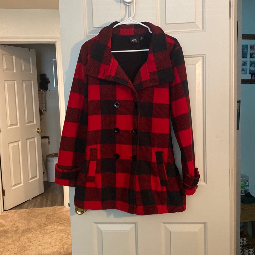 Ike behar red buffalo plaid jacket pea coat